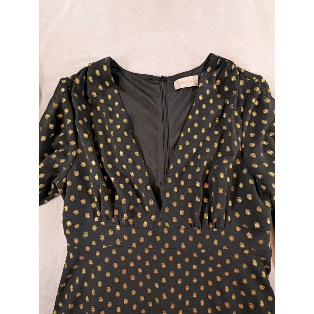 Altar'd State Women's Black Gold Polka Dot Dress Size S Deep V Neck Long Sleeve - Picture 4 of 11
